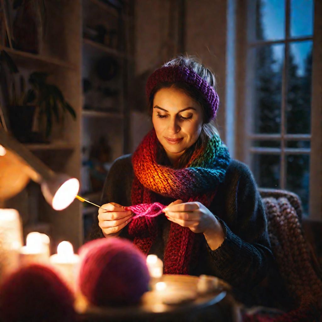 Женщина вяжет шарф дома вечером зимой