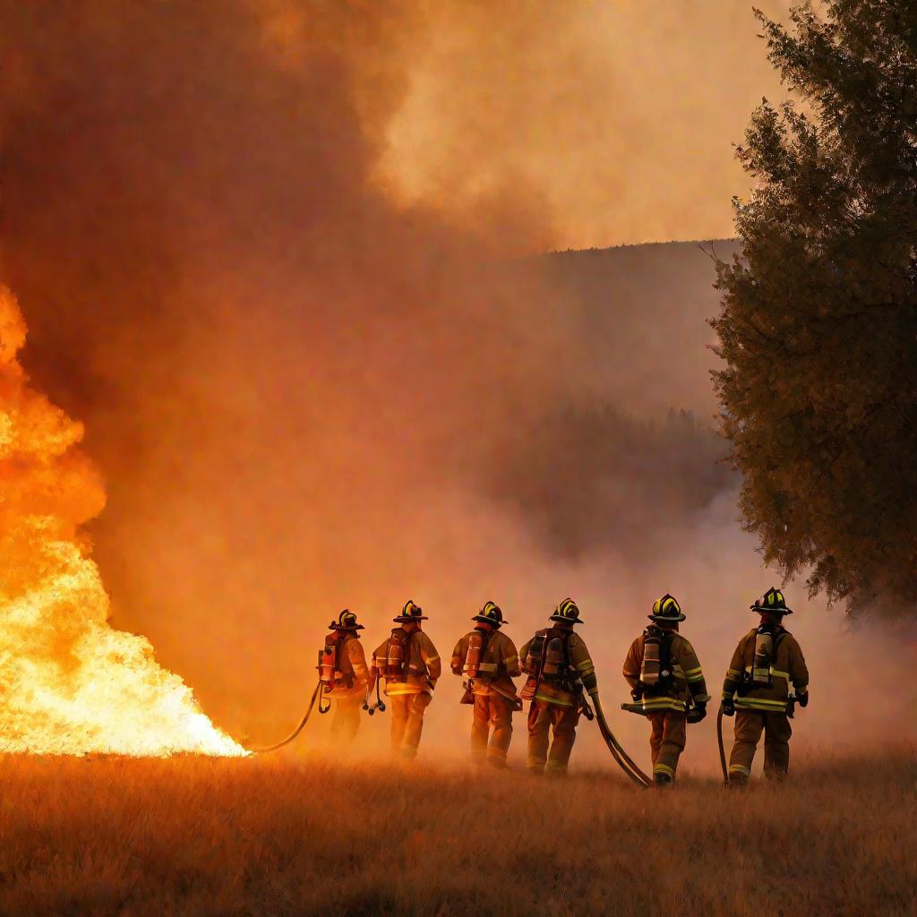 Пожарные тушат лесной пожар на закате