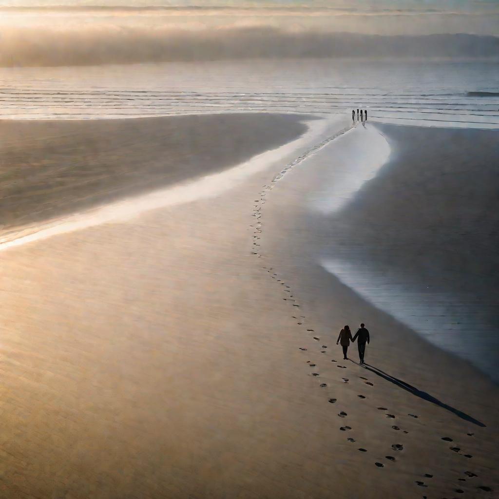 Парочка гуляет по пляжу на рассвете