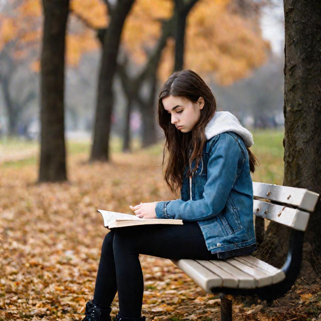 Грустная девушка-подросток читает книгу на скамейке в парке