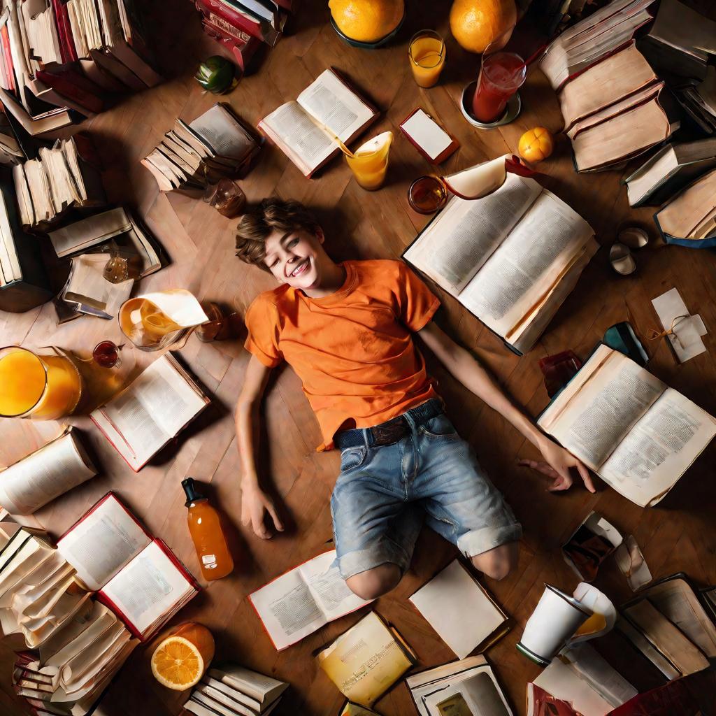 Неловкий подросток растянулся на полу рядом с пролитым соком и книгами