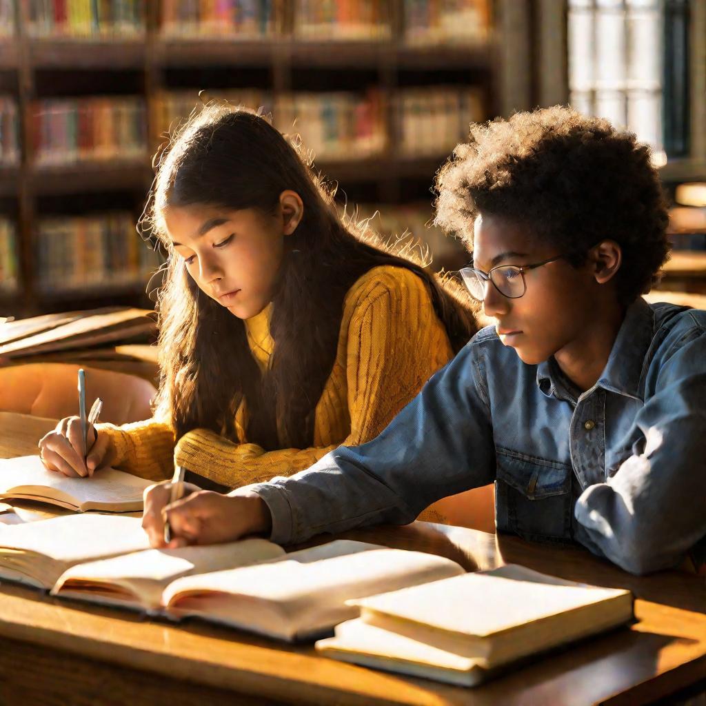 Мальчик и девочка решают задачи на совместную работу вместе в библиотеке после школы.