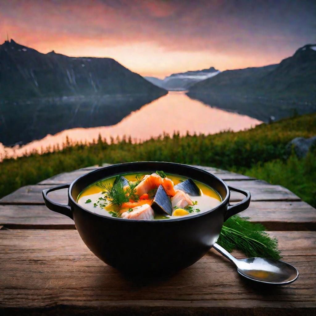 Скандинавский рыбный суп на фоне фьорда