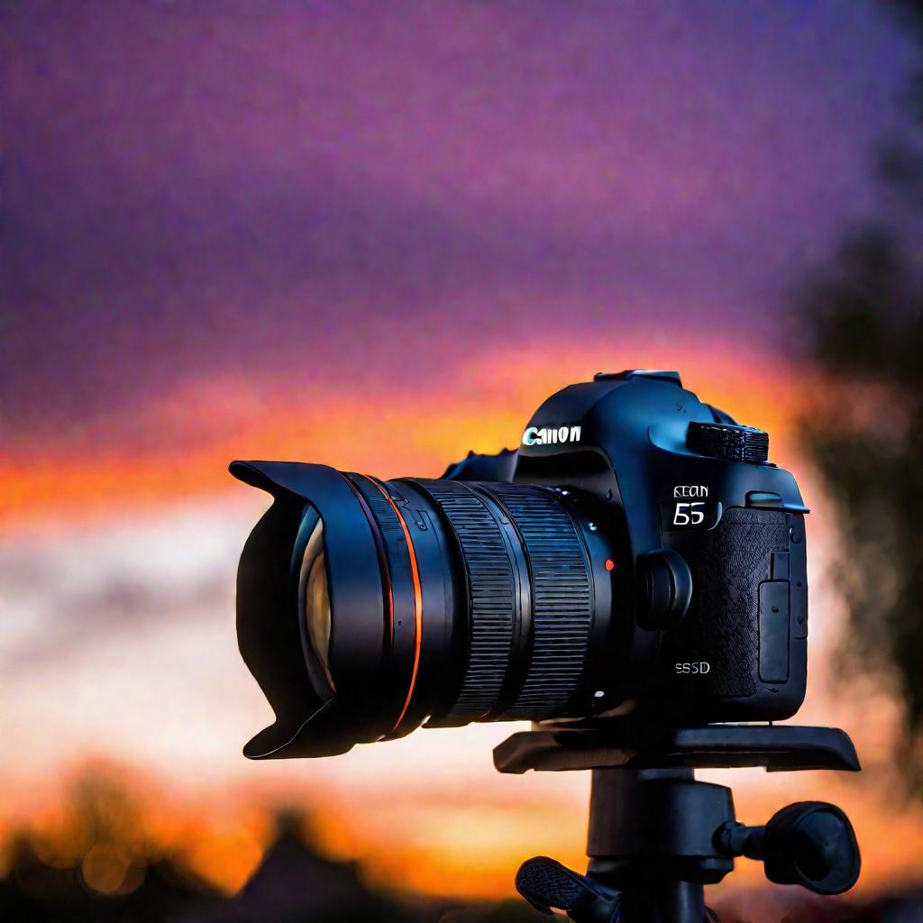 Фотоаппарат Canon 5D с подсвеченным дисплеем на фоне оранжевого заката