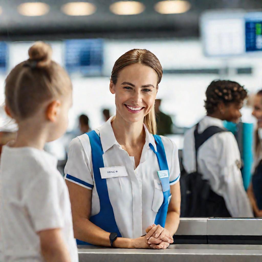Улыбающаяся сотрудница аэропорта в форме приветствует семью с ребенком у стойки регистрации