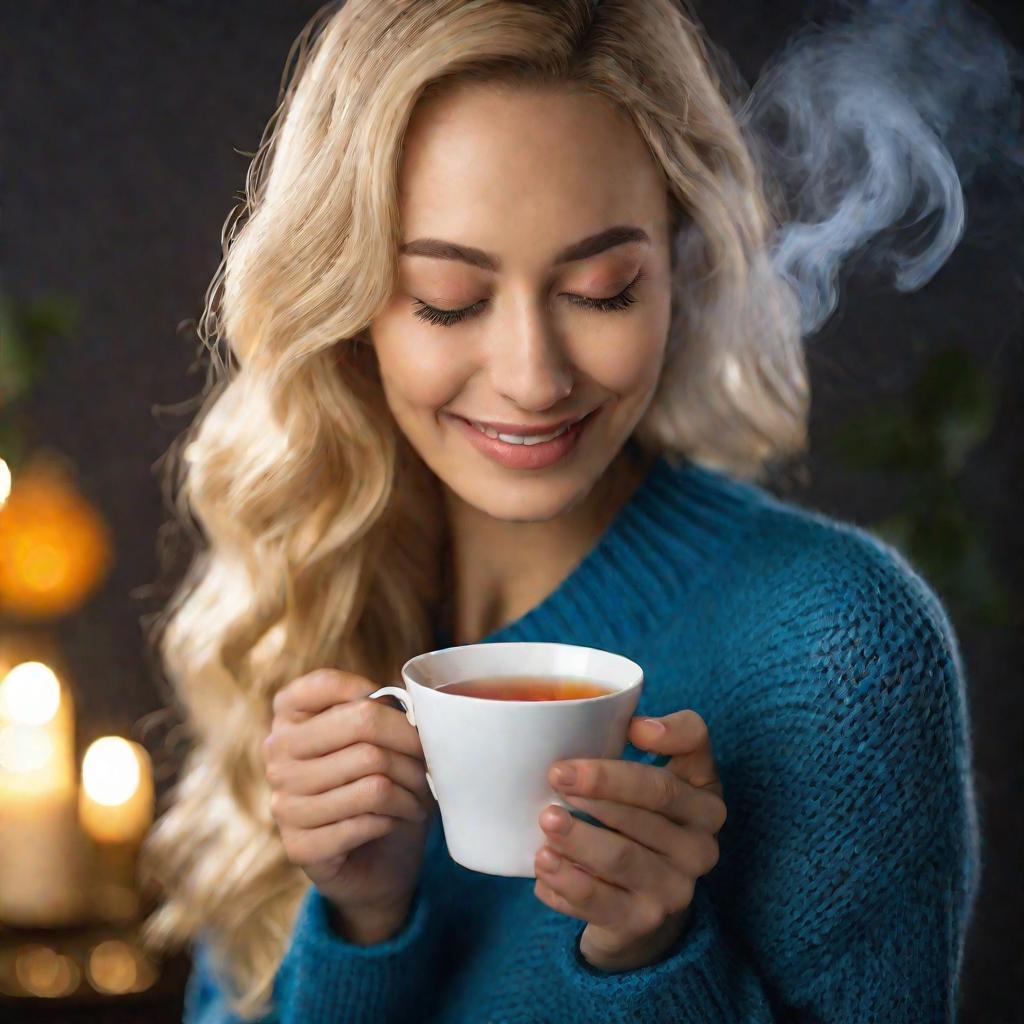 Женщина с чашкой чая, вдыхающая аромат