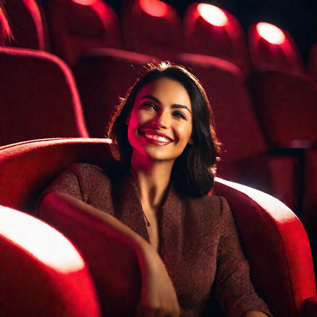 Портрет удивленной женщины в кресле кинотеатра.