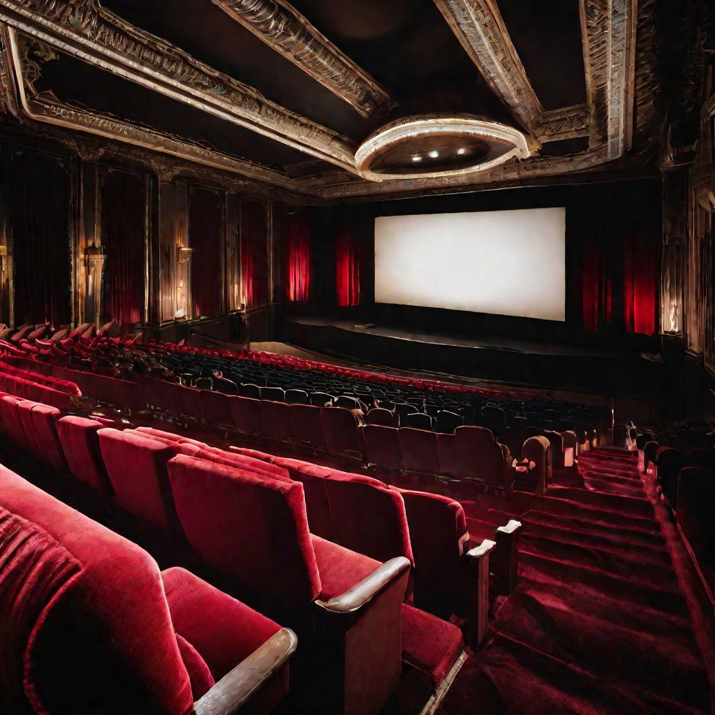 Интерьер старого кинотеатра во время сеанса.