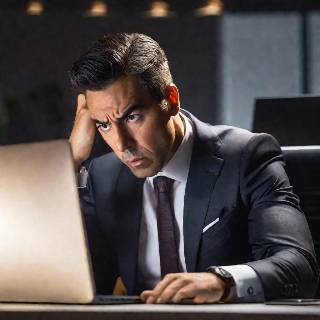 Крупный портрет мужчины в костюме, сидящего за столом в офисе и смотрящего на экран компьютера с озадаченным выражением лица.