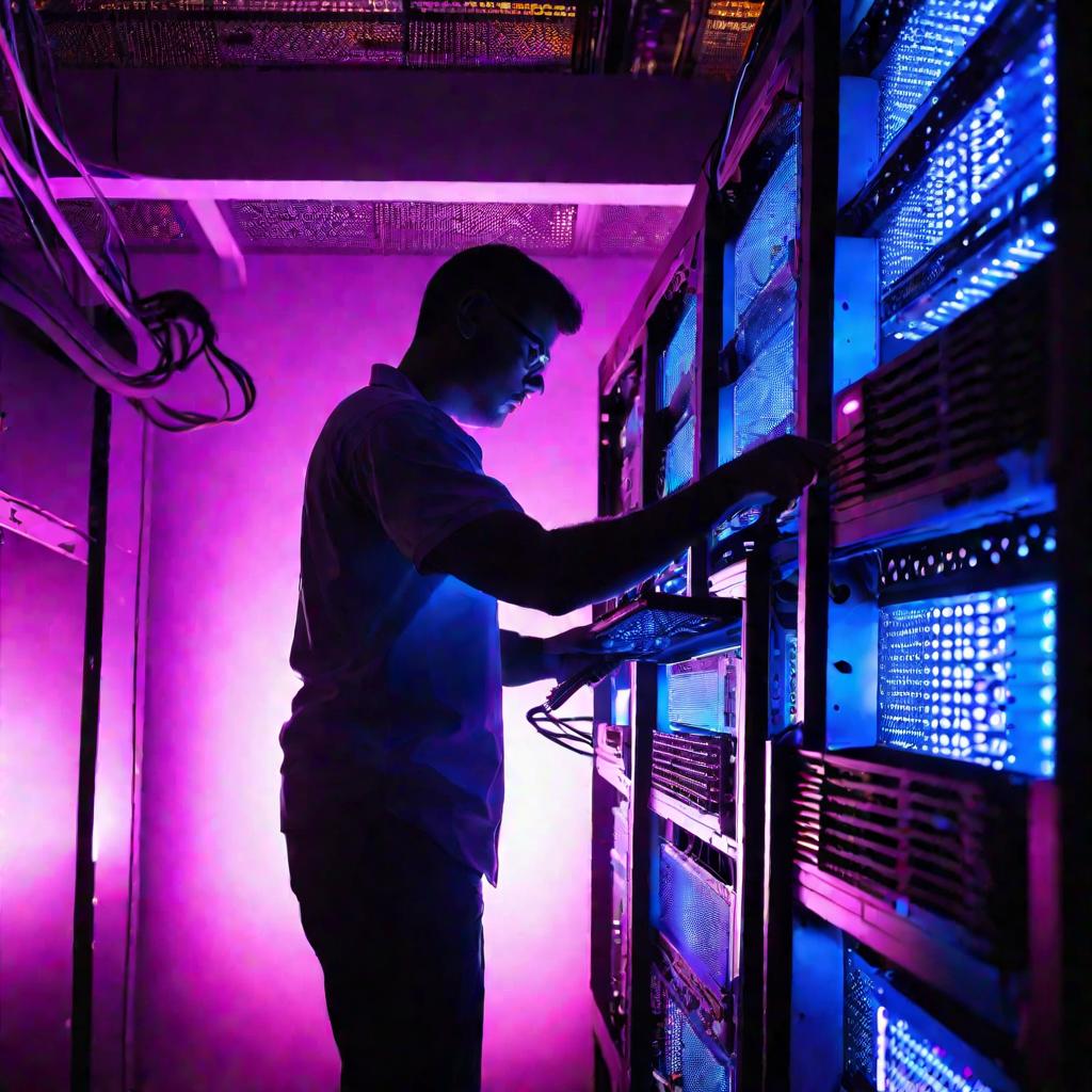 Драматичный вид технического специалиста, работающего ночью над серверным шкафом, освещенного сине-фиолетовым светом оборудования.