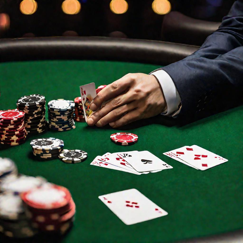 Две руки с разными покерными комбинациями на столе