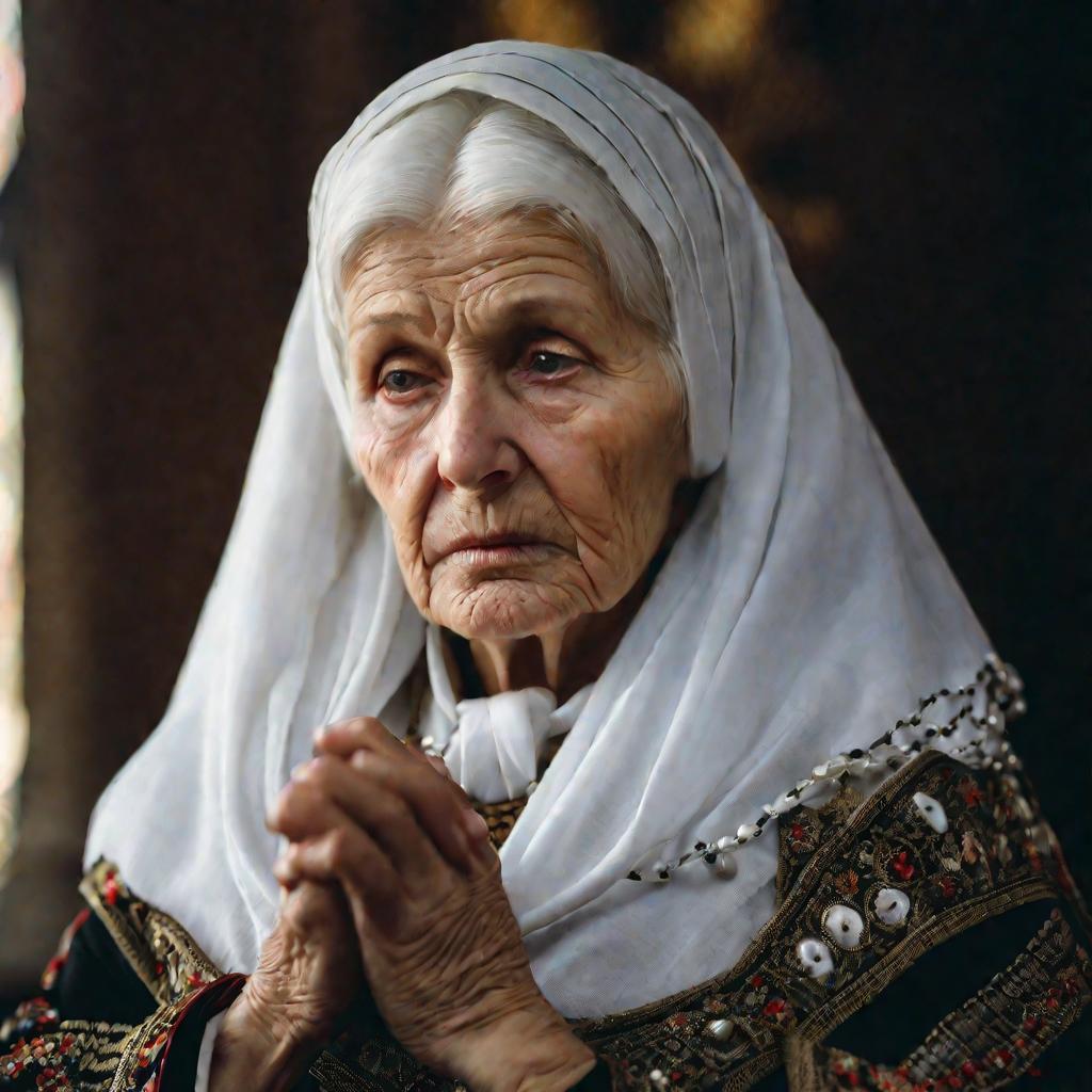 Крупный портрет пожилой литовской женщины в традиционной одежде в церкви. Морщинистая кожа, thin белые волосы под платком. Выражение лица сосредоточенно-созерцательное, в глазах – грусть. Руки сложены для молитвы, с четками.