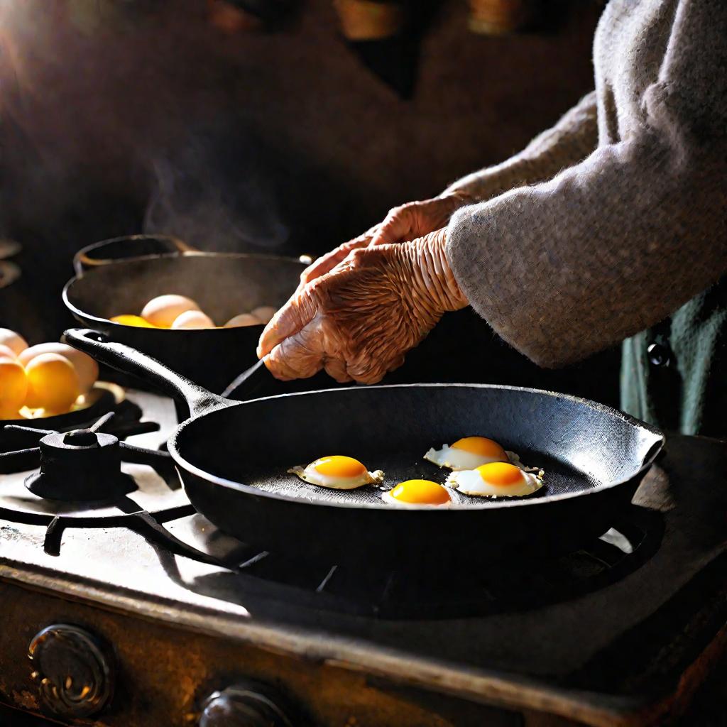 Старушка готовит яичницу в чугунной сковороде