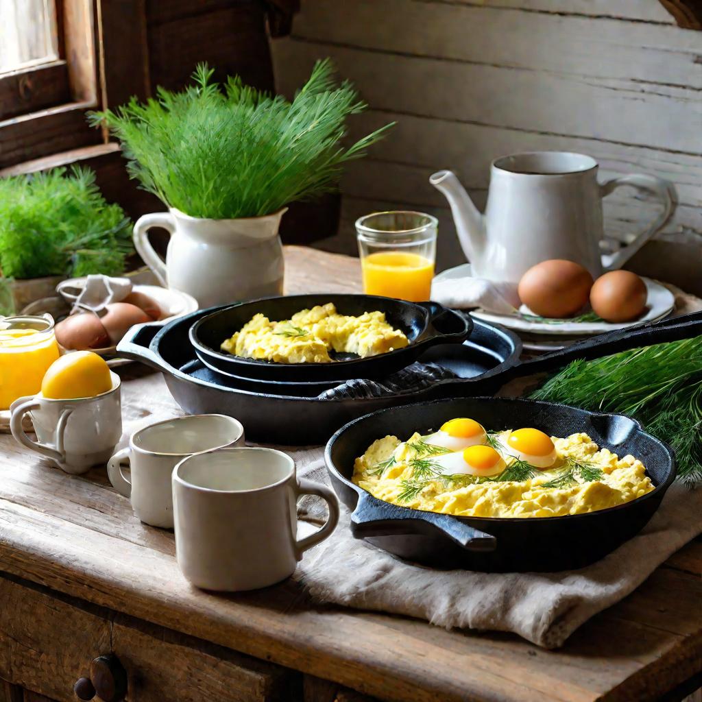 Завтрак из чугунной сковороды на деревянном столе