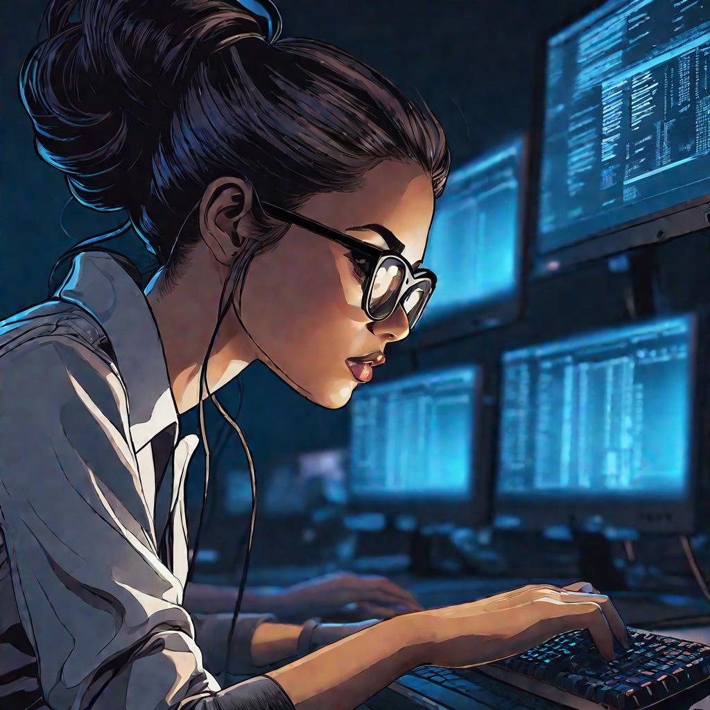 Крупный план портрета программиста, работающего за столом. Она пристально смотрит на несколько мониторов компьютера, ее руки зависли над клавиатурой. Код отражается в ее очках. Сцена тускло освещена голубым свечением экранов.