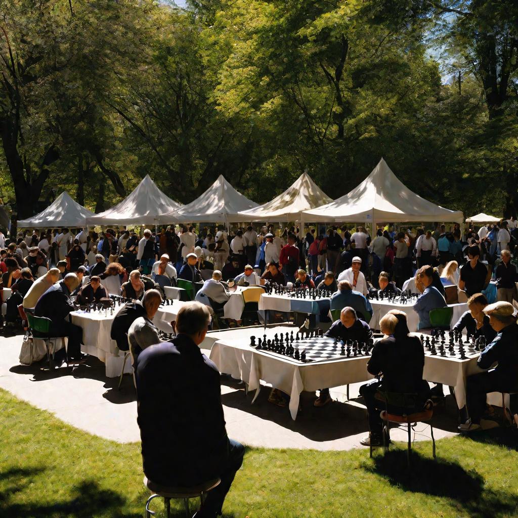 Шахматный турнир под открытым небом в солнечный день.