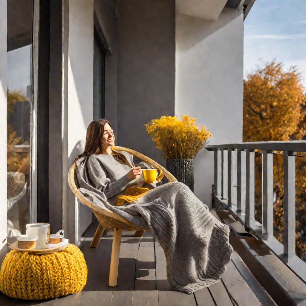 Женщина пьет чай на балконе