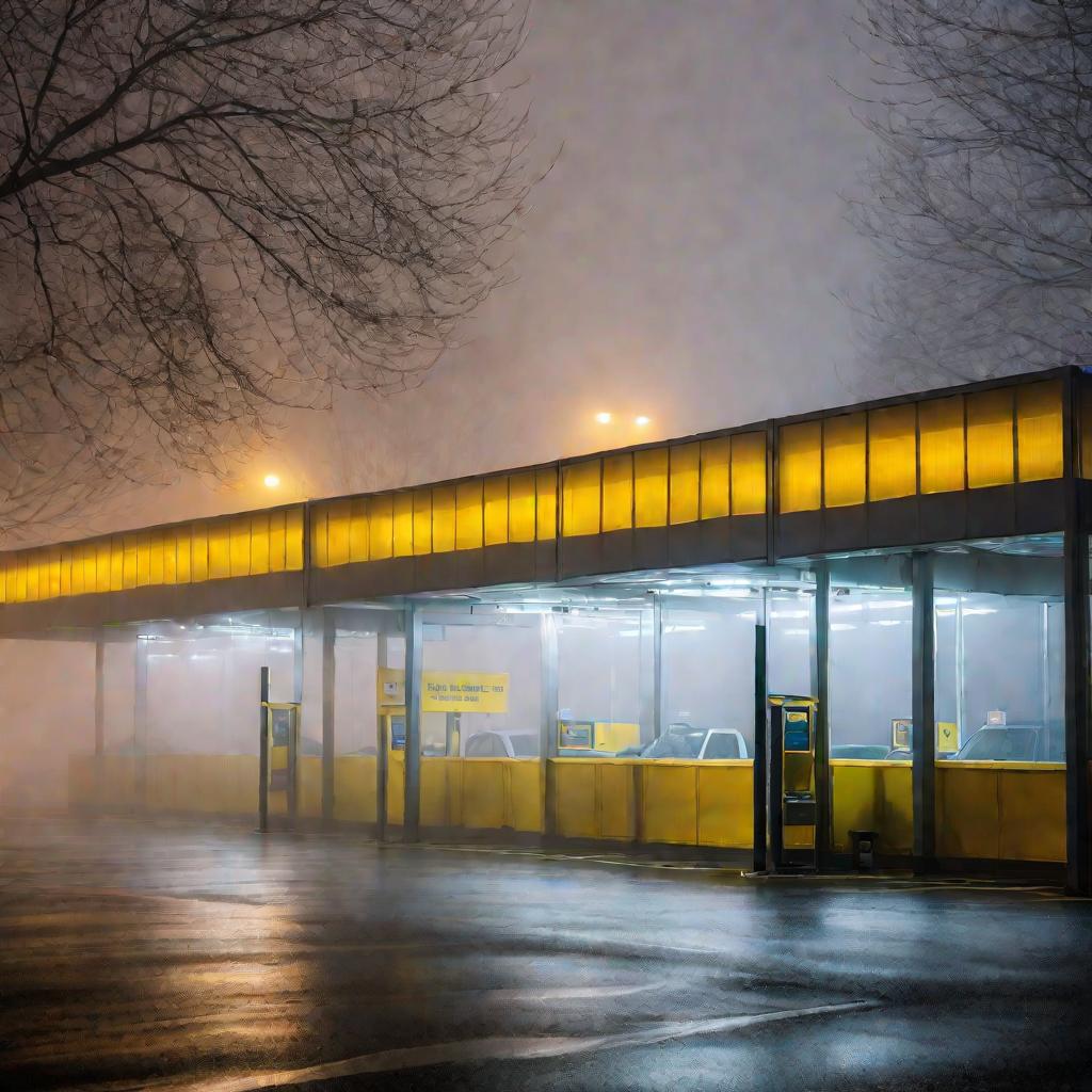 Широкий план парковочной будки аэропорта в туманное зимнее утро. Будка освещена теплым желтым светом. Внутри стеклянной будки стоит парковщик в жилете со светоотражающими элементами. Сквозь плотный туман едва различимы деревья и припаркованные машины на з