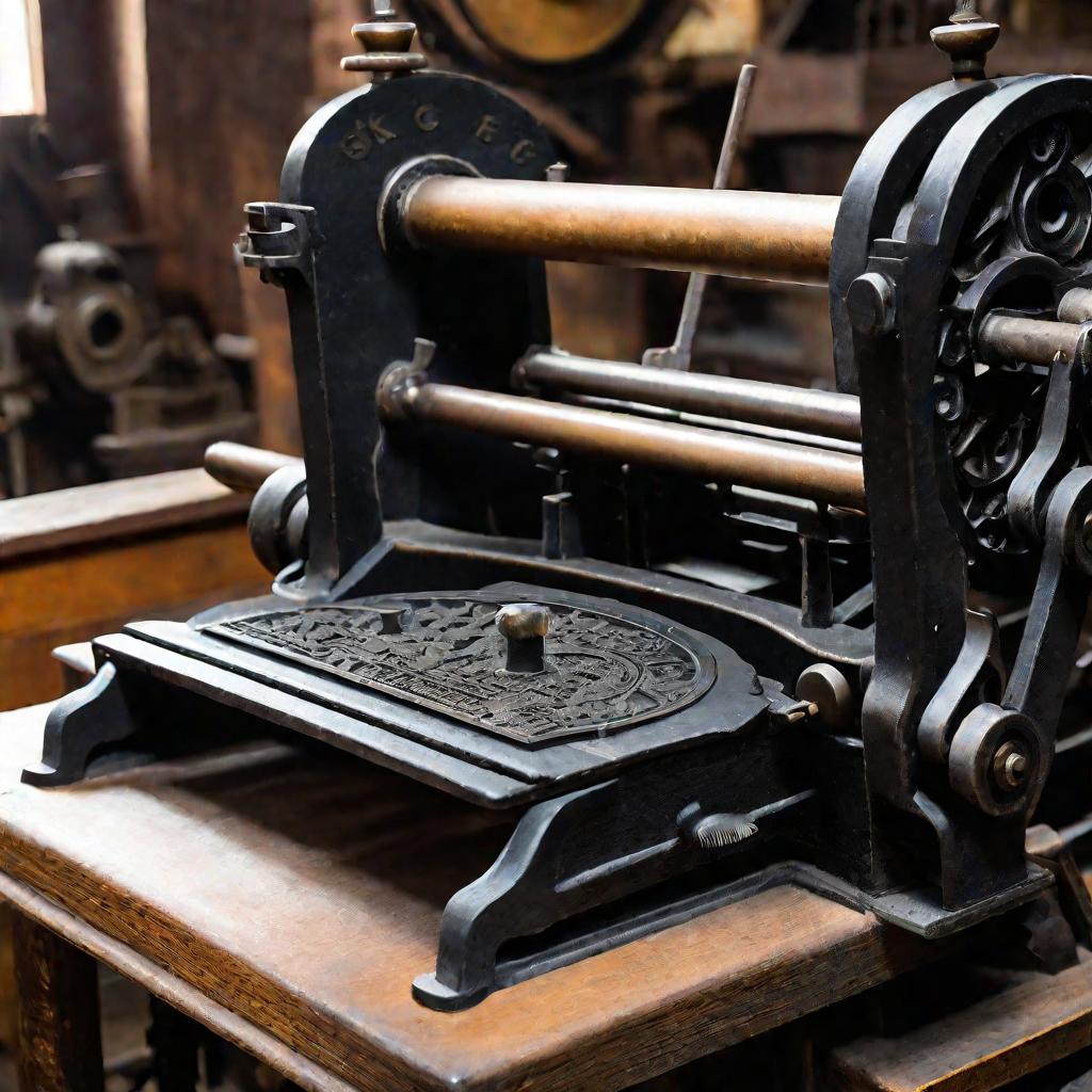 Старинный печатный станок в мастерской.