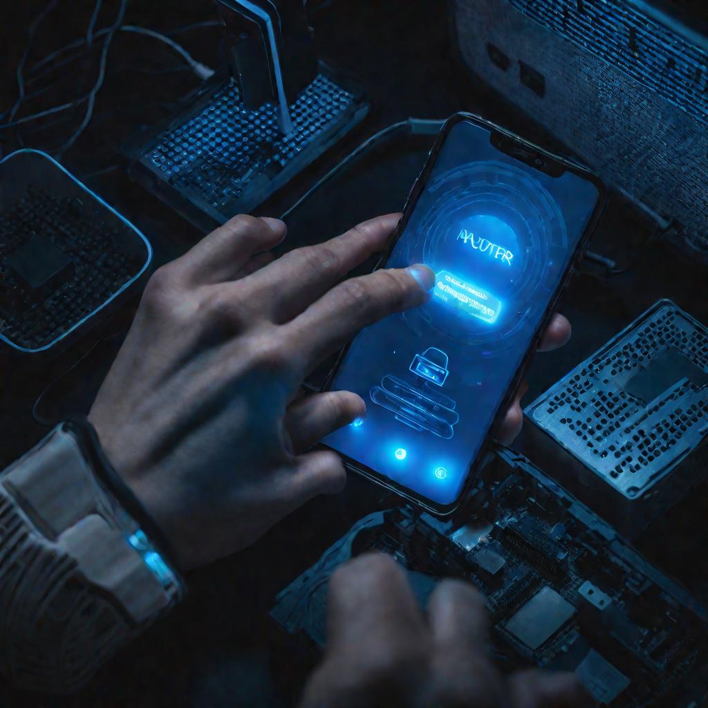 Рука с телефоном, на экране которого видна страница настроек роутера.
