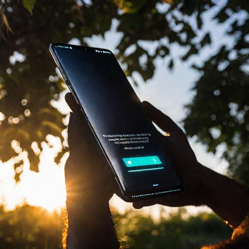 Драматичный силуэт телефона Android на фоне восходящего солнца во время перезагрузки после обновления системы