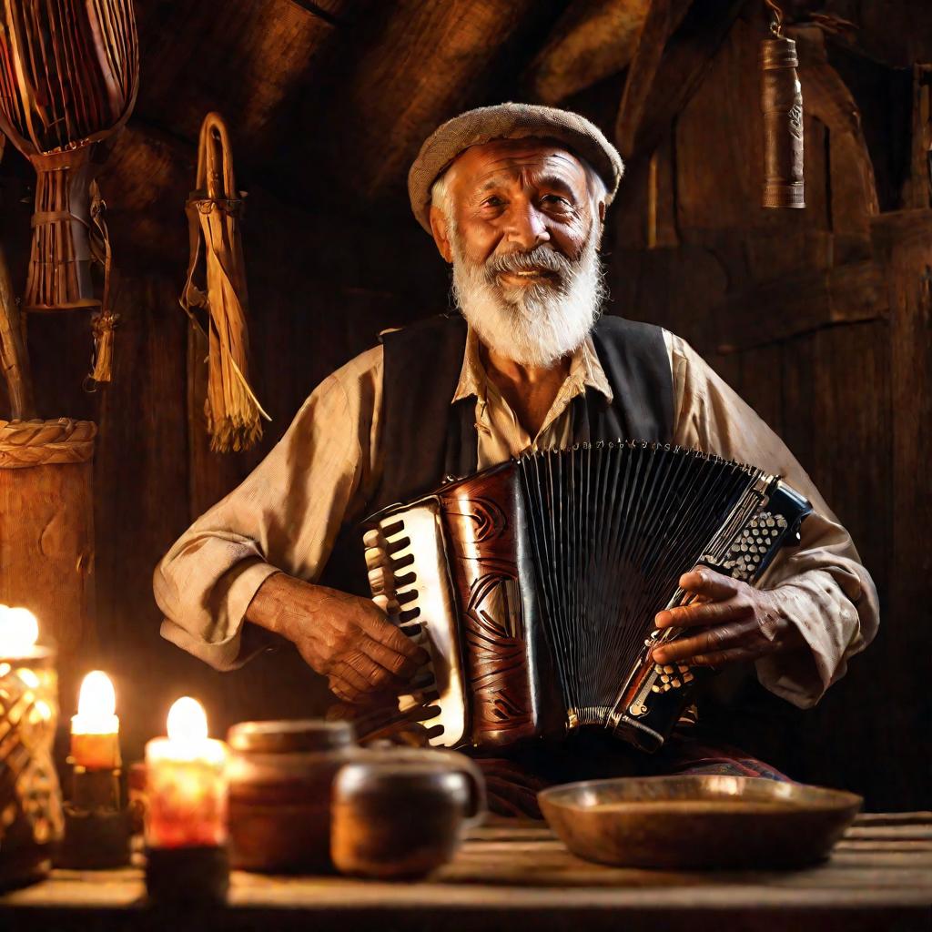 Крупный портрет старого бородатого деревенского мужчины, сидящего в деревянном доме и играющего на традиционных музыкальных инструментах - аккордеоне и флейте. Освещение теплое и естественное, идущее от керосиновой лампы на столе. У мужчины сосредоточенно