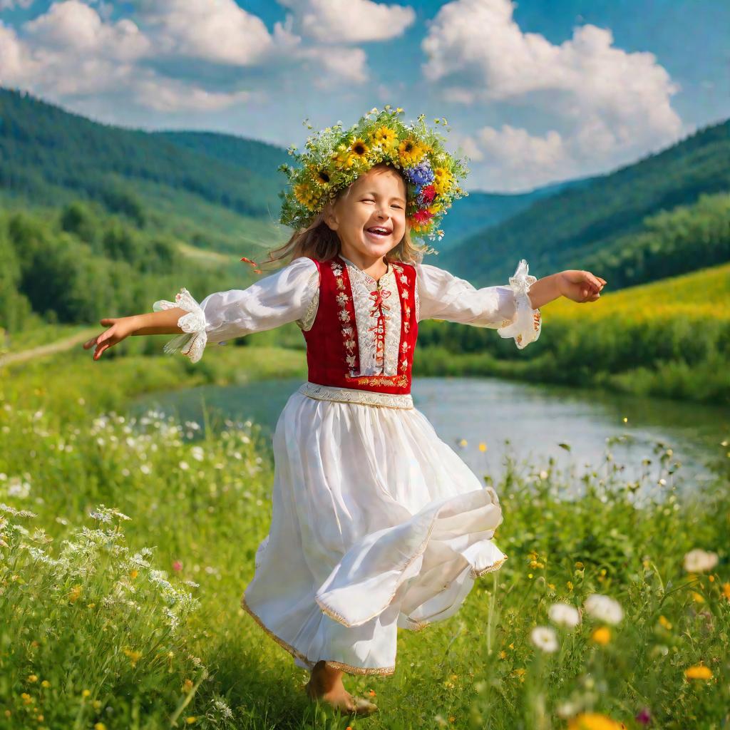 Маленькая девочка в традиционном народном костюме танцует и поет с радостью на цветущем лугу в солнечный летний день. Она босиком и на ее голове венок из полевых цветов. На заднем плане виден пульсирующий сельский пейзаж с зелеными холмами, лесами и рекой