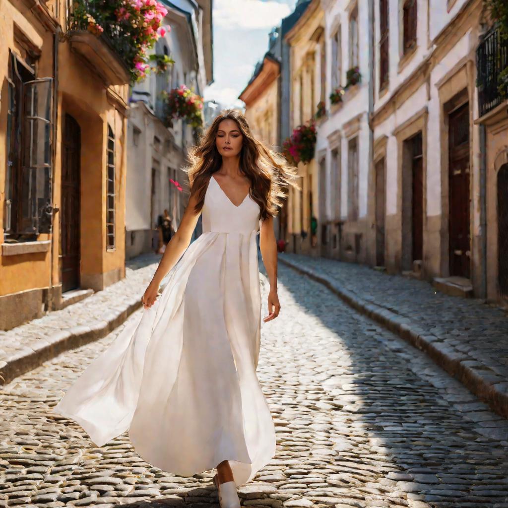 Модель в белом летнем платье идет по улице