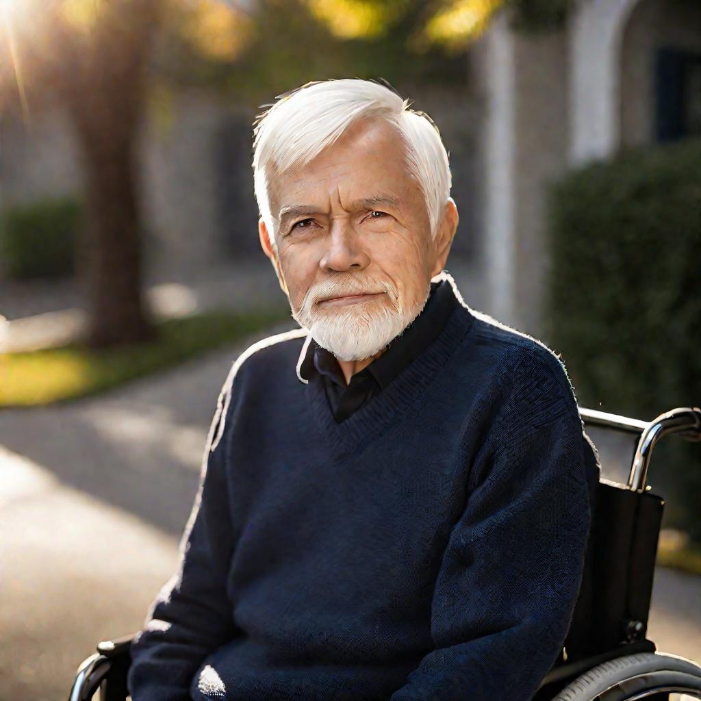 Крупный портрет пожилого мужчины, сидящего в инвалидной коляске на улице. У него короткие седые волосы и борода. На нем синий свитер поверх рубашки с воротником. Он смотрит в сторону с мирным выражением лица и легкой улыбкой. Утреннее солнце создает свето