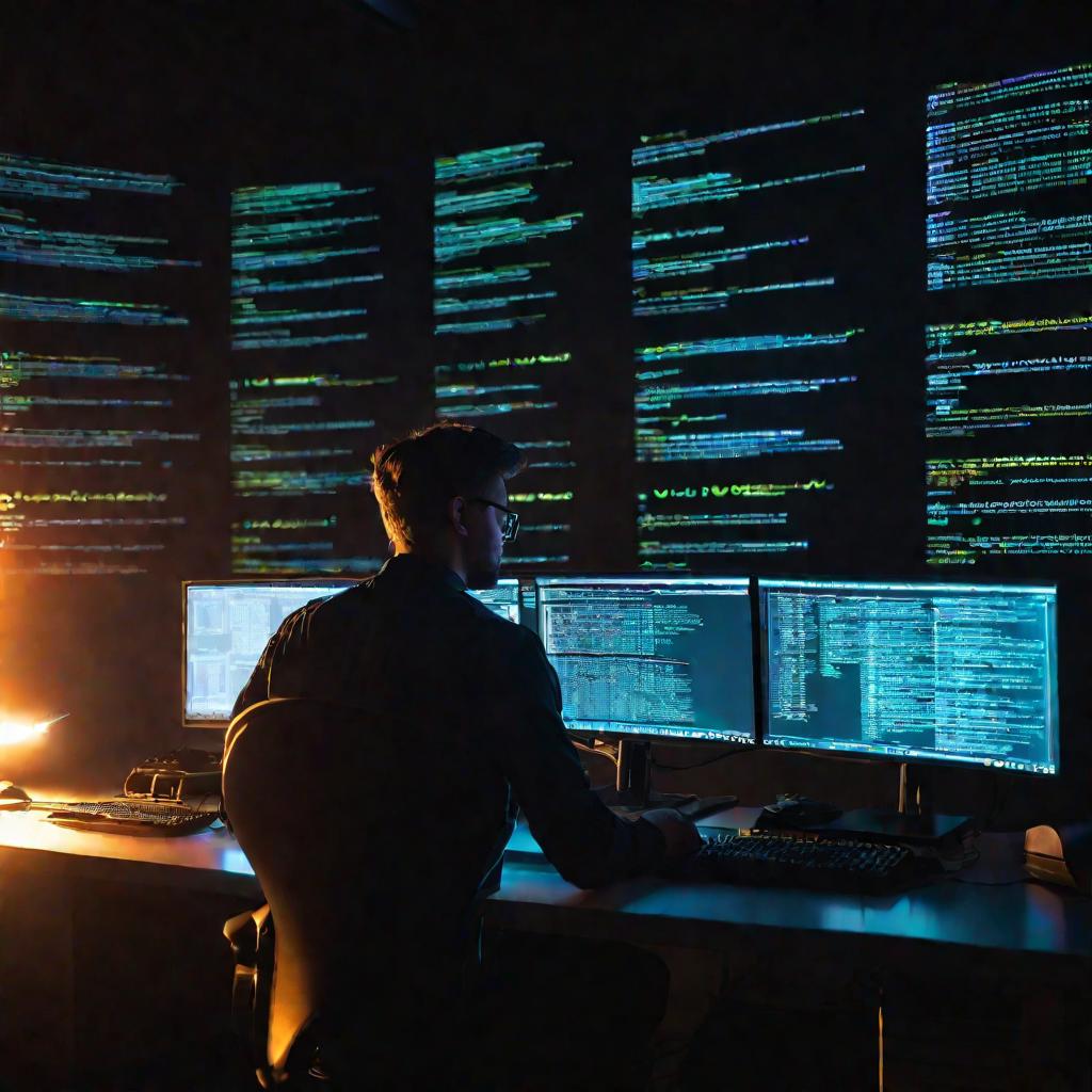 Программист работает ночью над кодом