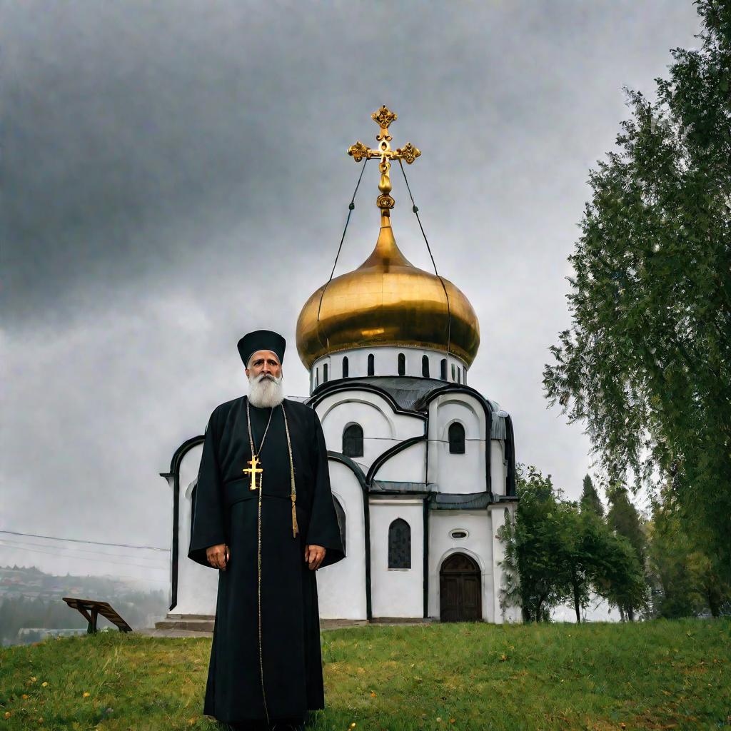 Портрет православного священника в черной рясе перед церковью на Таганке в пасмурный день