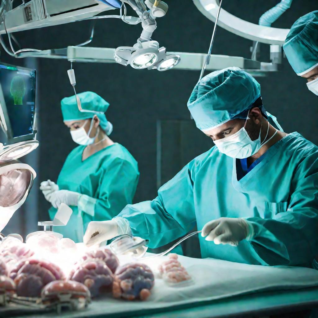 Хирург проводит сложную операцию на мозге в стерильной операционной.
