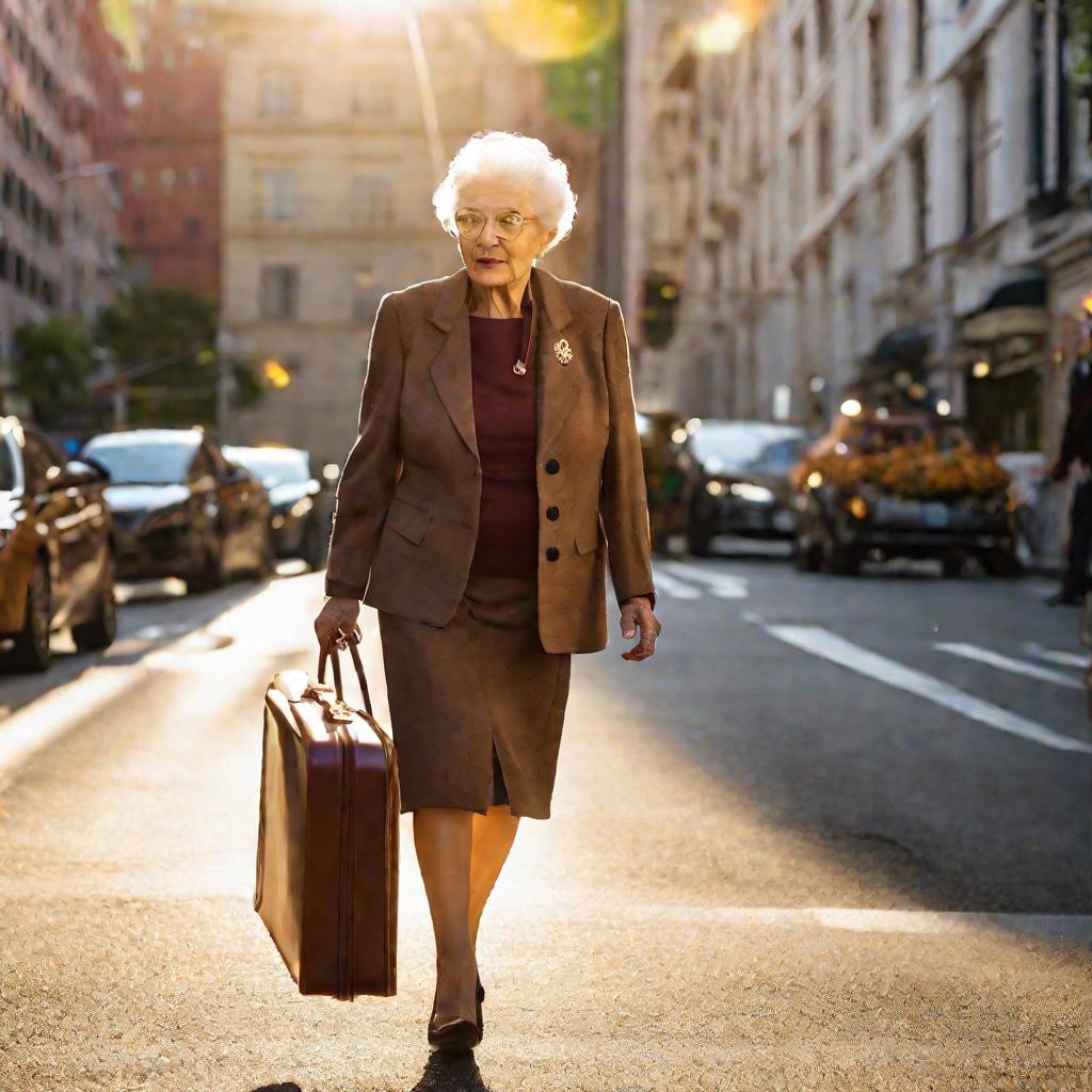 Нижний ракурс пожилой женщины, быстро идущей по городской улице. Она одета в элегантный костюм с юбкой и несет портфель, выглядя решительной и полной энергии. Освещение солнечное и яркое в сиянии золотого часа, показывающее, как она уверенно шагает вперед