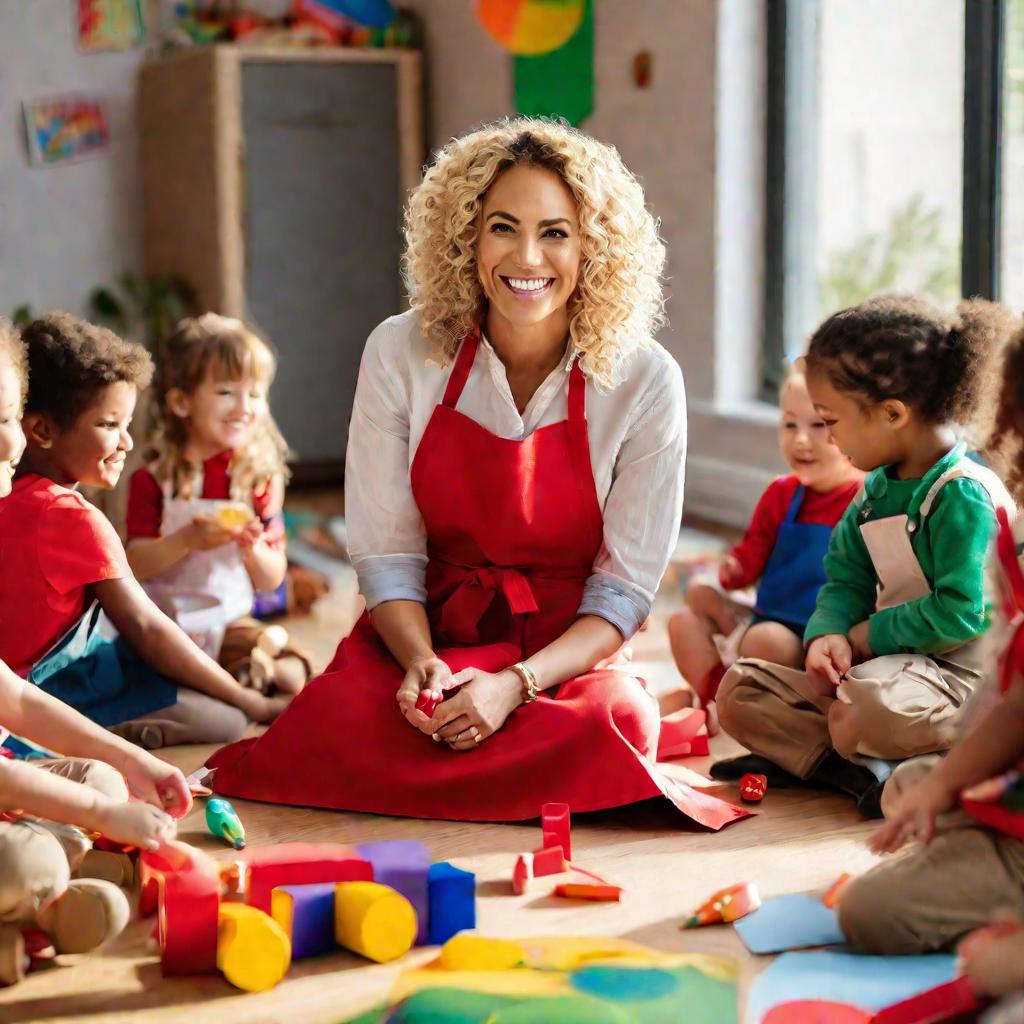 Крупный портрет улыбающейся женщины-воспитательницы детского сада с кудрявыми блондинистыми волосами, в красном фартуке, сидящей на полу с группой радостных детей 3-5 лет. Вокруг разбросаны цветная бумага, краски, игрушки. В комнате большие окна, впускающ
