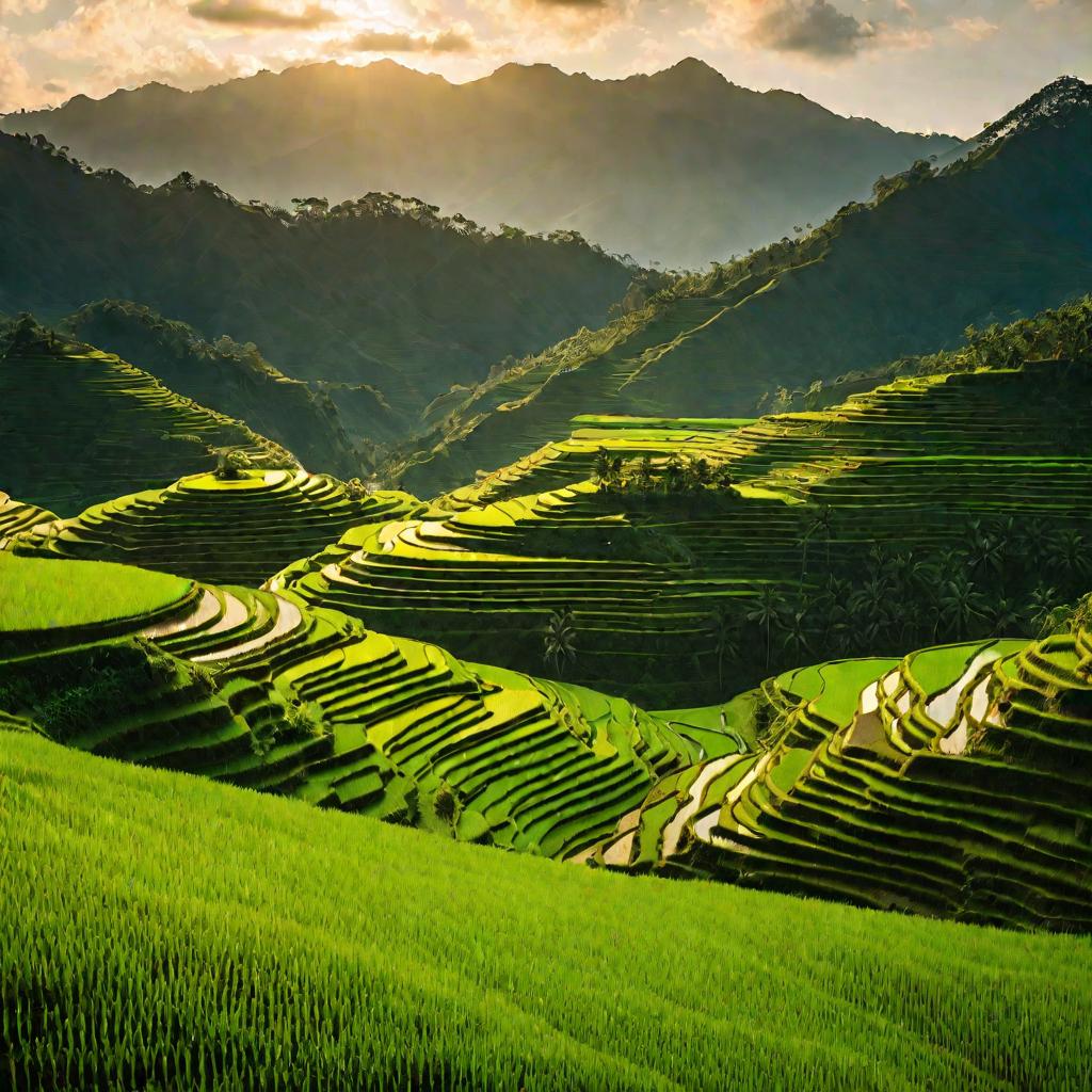 Рисовые террасы на зеленых холмах