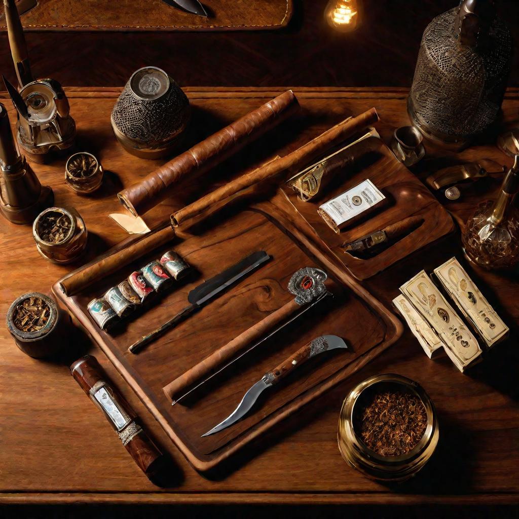 На столе инструменты для обрезки сигар: гильотина, ножницы, каттер