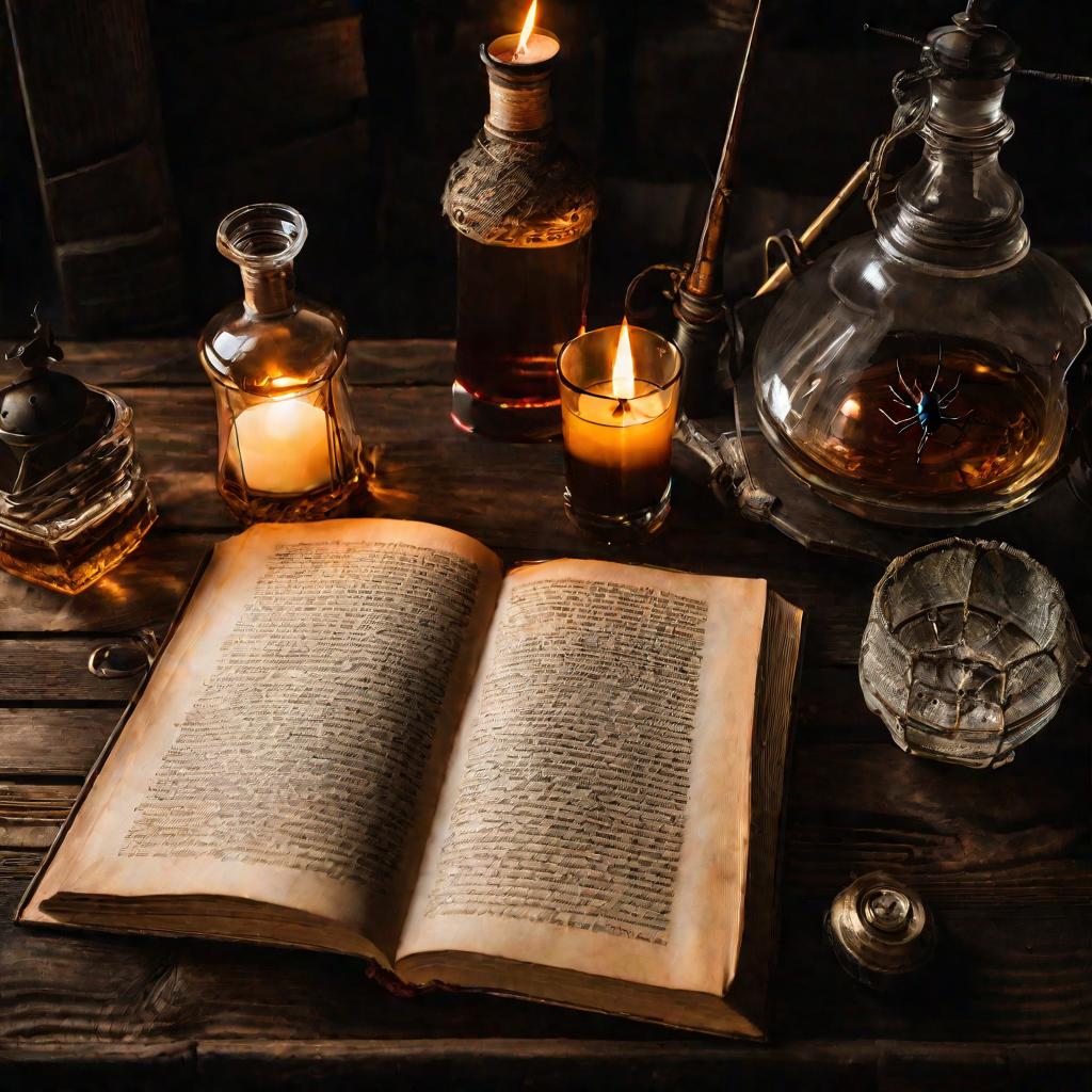 Вид сверху на старинную книгу рецептов и стакан рома при свечах.