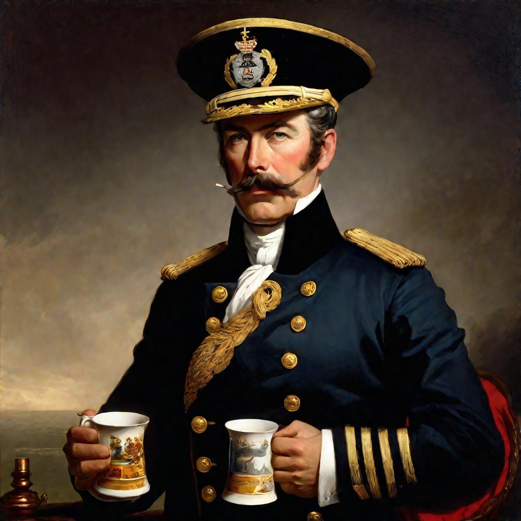 Портрет британского моряка 19 века с кружкой чая с ромом.