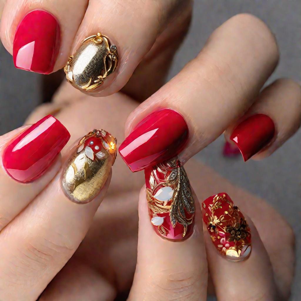 Крупным планом женские руки с длинными нарощенными красными ногтями и дизайном