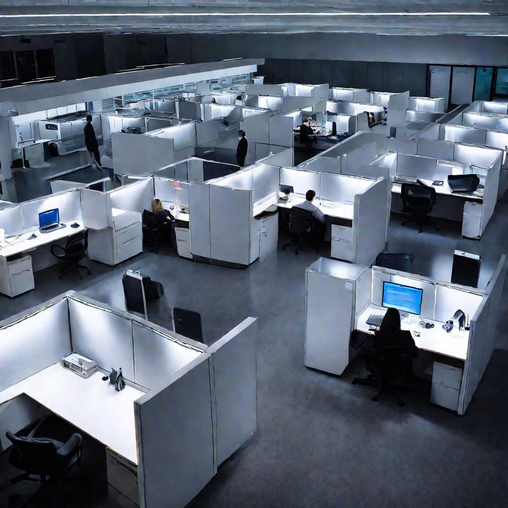 Офис с одинаковыми серыми кабинками и людьми, работающими за компьютерами.
