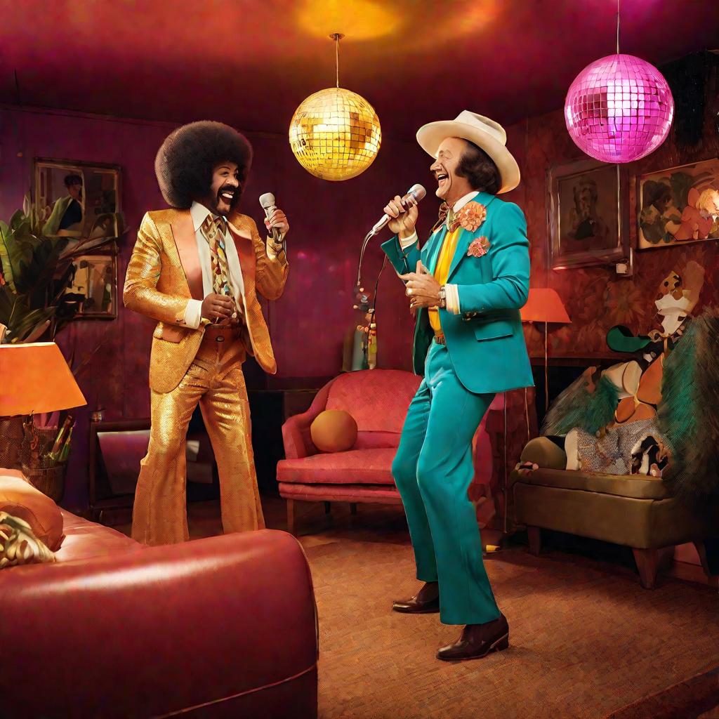 Уютная гостиная в ретро-стиле 70-х, тепло освещенная. Коллеги в красочных нарядах ретро танцуют под музыку, радостно смеясь. Диско-шары свисают с потолка, отражая свет от зеркальных шаров на стенах. Улыбающийся пенсионер в модном досуговом костюме держит 