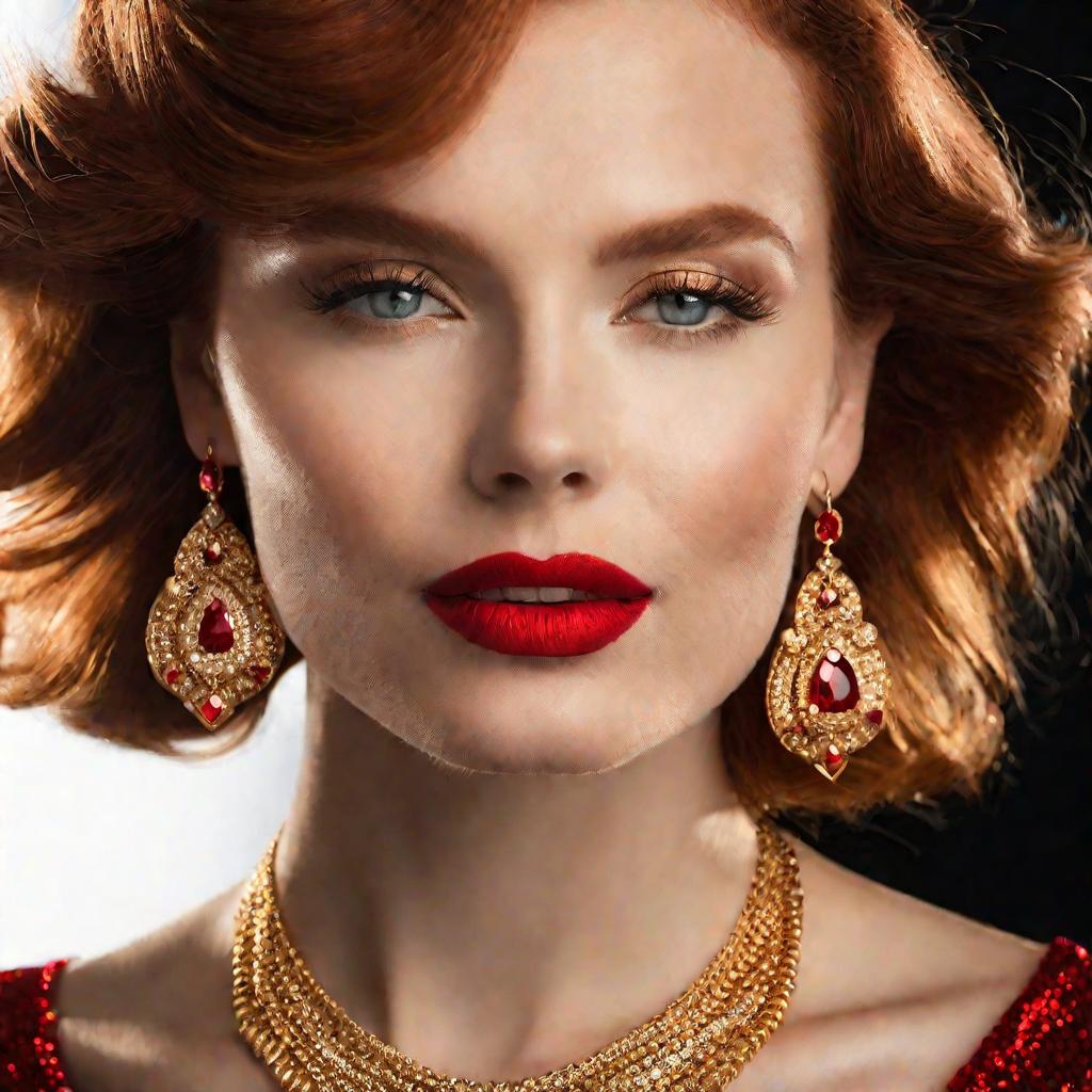 Женщина в украшениях из красного золота с рубинами