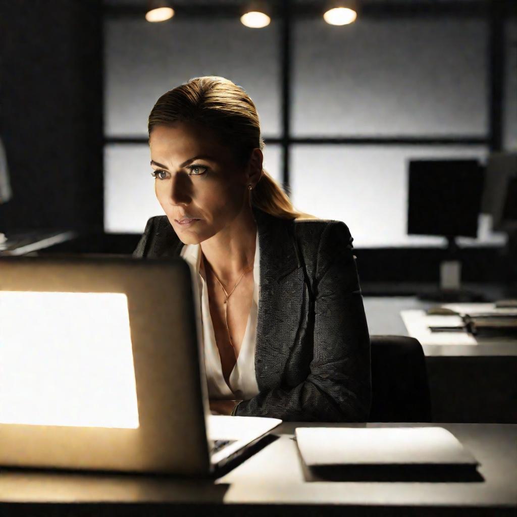 Женщина работает на ноутбуке в офисе