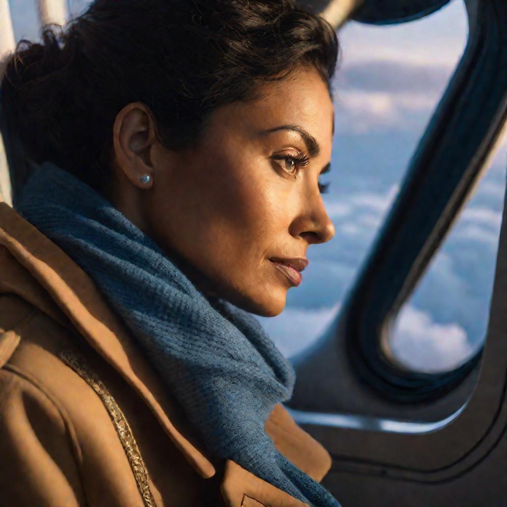 Женщина смотрит в иллюминатор самолета на рассвете.