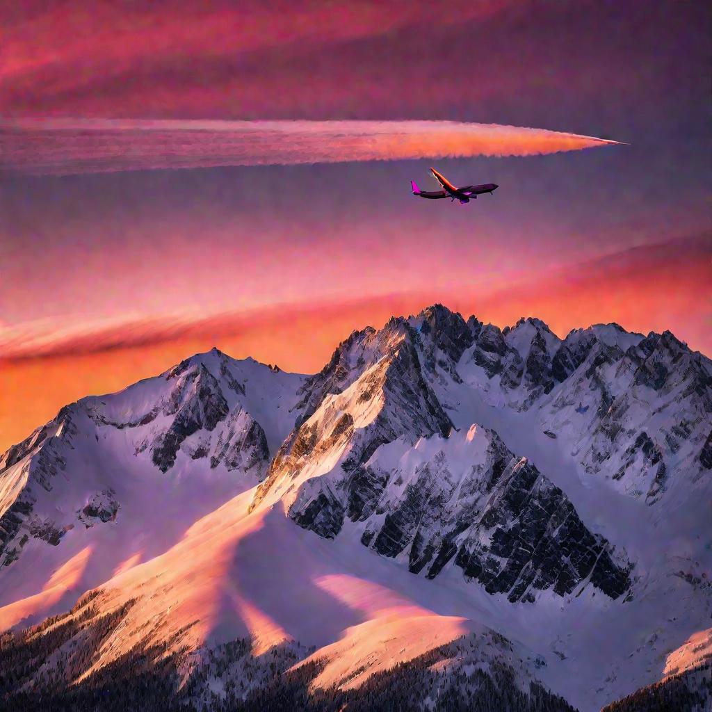 Самолет пролетает над снежными горами на закате.