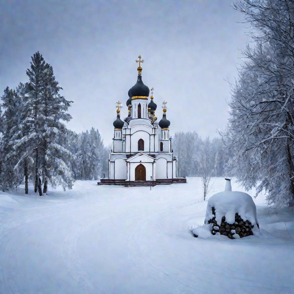 Широкий зимний вид Храма Воскресения Христова в Ханты-Мансийске, покрытого свежим белым снегом.