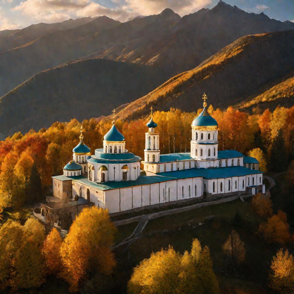 Вид сверху на Успенский монастырь в горах Северного Кавказа осенью
