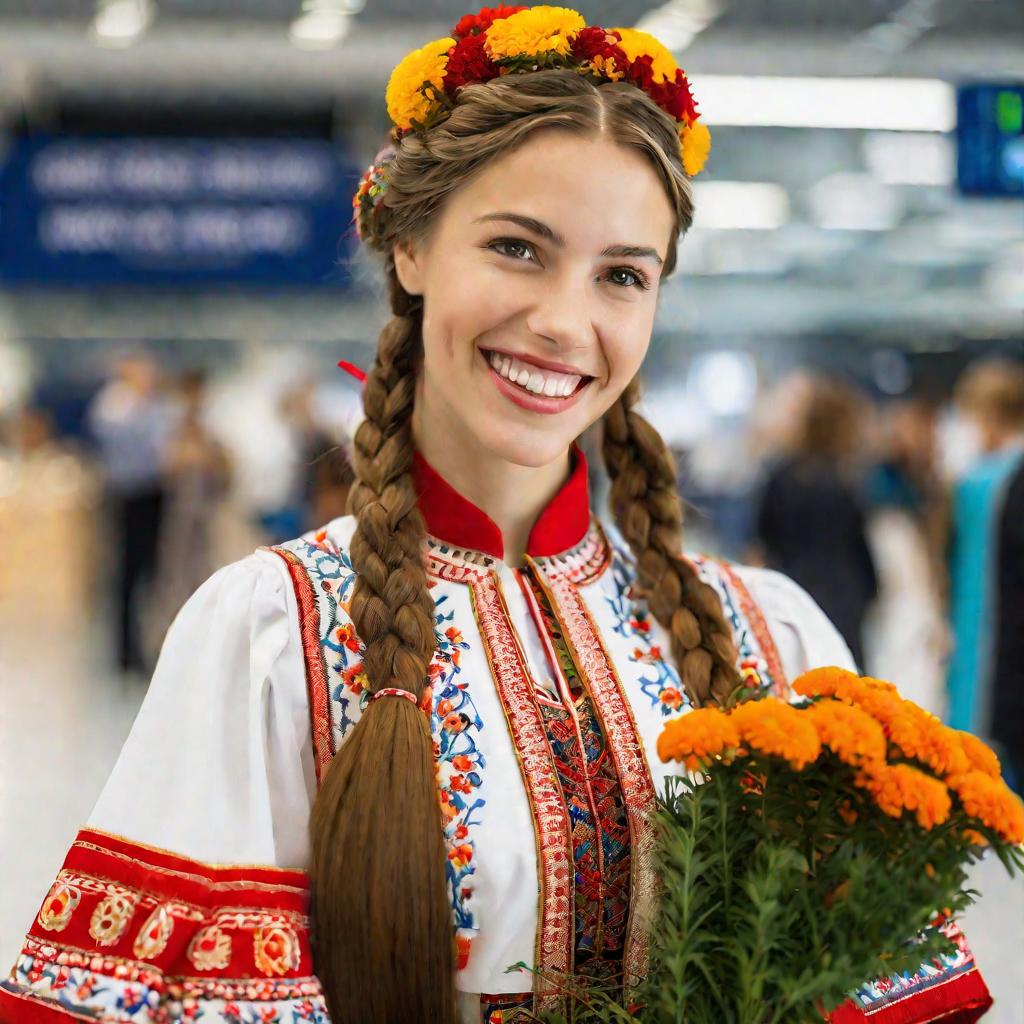 Девушка в национальном костюме в зале прилета аэропорта Любляна