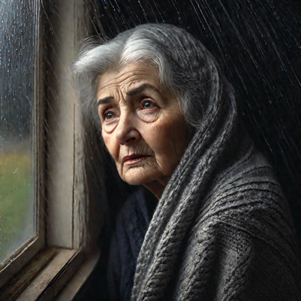 Обеспокоенная пожилая женщина смотрит в окно во время шторма