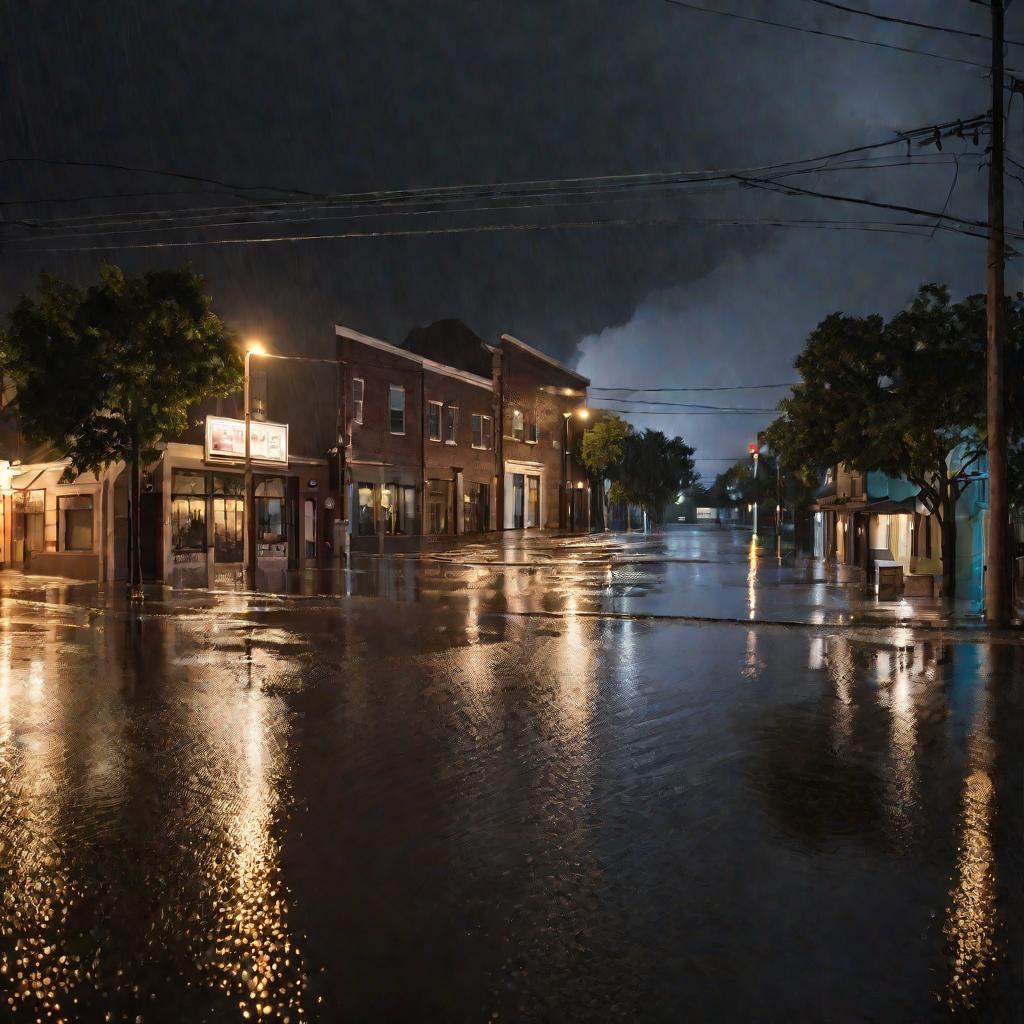 Затопленная улица города ночью во время грозы